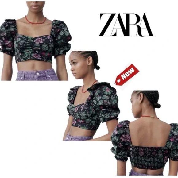 Zara floral puff sleeve crop top - Picture 2 of 6